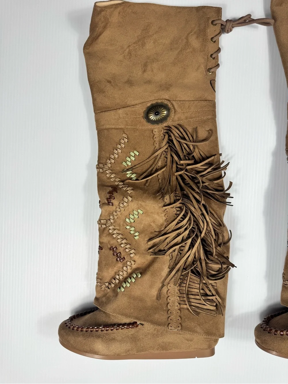 Azalea Wang Edmond Brown Fringe Western Boho Knee-High Boots NIB Size 6